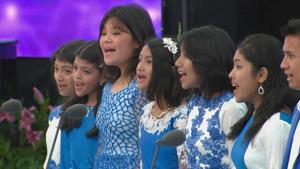 Members of Aroha Junior Choir, comprising students from Shillong, performed at Llangollen International Musical Eisteddfod in Llangollen, Wales.(Twitter) Members of Aroha Junior Choir, comprising students from Shillong, performed at Llangollen International Musical Eisteddfod in Llangollen, Wales.(Twitter)