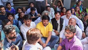 Patidar leader Hardik Patel along with MLA Alpesh Thakor and Jignesh Mevani in Gandhinagar.(PTI File Photo) Patidar leader Hardik Patel along with MLA Alpesh Thakor and Jignesh Mevani in Gandhinagar.(PTI File Photo)