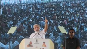 Prime Minister Narendra Modi addresses to the beneficiaries of various welfare schemes of the BJP government, at a meeting in Amrudon Ka Bagh, in Jaipur, Rajasthan.(Himanshu Vyas/ HT Photo) Prime Minister Narendra Modi addresses to the beneficiaries of various welfare schemes of the BJP government, at a meeting in Amrudon Ka Bagh, in Jaipur, Rajasthan.(Himanshu Vyas/ HT Photo)