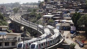 A Mumbai metro train runs at Ghatkopar in Mumbai(HT Photo) A Mumbai metro train runs at Ghatkopar in Mumbai(HT Photo)