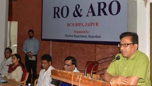 Chief Election Officer (CEO) Ashwani Bhagat addresses a certificate programme for RO and ARO at HCM RIPA in Jaipur on Monday.(HT Photo) Chief Election Officer (CEO) Ashwani Bhagat addresses a certificate programme for RO and ARO at HCM RIPA in Jaipur on Monday.(HT Photo)