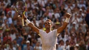 Rafael Nadal celebrates after beating Jiri Vesely 6-3, 6-3, 6-4 in their Wimbledon fourth round encounter.(AFP) Rafael Nadal celebrates after beating Jiri Vesely 6-3, 6-3, 6-4 in their Wimbledon fourth round encounter.(AFP)