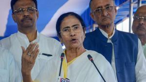 TMC had tested a similar ploy on June 28 when BJP president Amit Shah visited the temple town of Tarapith in Birbhum district, wrapping the entire stretch through Rampurhat with big cutouts and banners of Mamata Banerjee.(PTI) TMC had tested a similar ploy on June 28 when BJP president Amit Shah visited the temple town of Tarapith in Birbhum district, wrapping the entire stretch through Rampurhat with big cutouts and banners of Mamata Banerjee.(PTI)