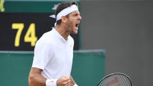 Argentina's Juan Martin Del Potro celebrates winning his the fourth round Wimbledon match against France's Gilles Simon.(REUTERS) Argentina's Juan Martin Del Potro celebrates winning his the fourth round Wimbledon match against France's Gilles Simon.(REUTERS)