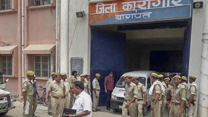 Baghpat: Police personnel at the Baghpat District Jail, where gangster Munna Bajrangi was shot dead, allegedly by an inmate of the jail, in Baghpat on Monday, July 9, 2018. (PTI Photo) (PTI7_9_2018_000098B)(PTI) Baghpat: Police personnel at the Baghpat District Jail, where gangster Munna Bajrangi was shot dead, allegedly by an inmate of the jail, in Baghpat on Monday, July 9, 2018. (PTI Photo) (PTI7_9_2018_000098B)(PTI)