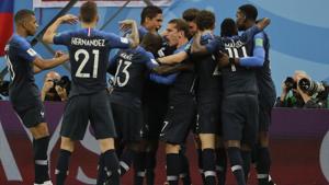 France players celebrate after Samuel Umtiti scored his side's goal during the FIFA World Cup semi-final against Belgium at the St. Petersburg Stadium on Tuesday.(AP) France players celebrate after Samuel Umtiti scored his side's goal during the FIFA World Cup semi-final against Belgium at the St. Petersburg Stadium on Tuesday.(AP)
