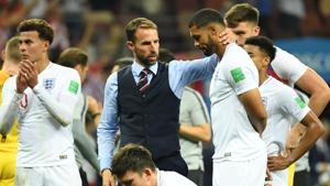 England's coach Gareth Southgate (C) comforts England's midfielder Ruben Loftus-Cheek (R) at the end of the FIFA World Cup 2018 semi-final against Croatia at the Luzhniki Stadium in Moscow.(AFP) England's coach Gareth Southgate (C) comforts England's midfielder Ruben Loftus-Cheek (R) at the end of the FIFA World Cup 2018 semi-final against Croatia at the Luzhniki Stadium in Moscow.(AFP)