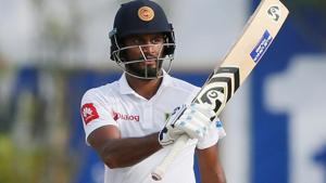 Sri Lanka's Dimuth Karunaratne celebrates his half century against South Africa on Thursday.(REUTERS) Sri Lanka's Dimuth Karunaratne celebrates his half century against South Africa on Thursday.(REUTERS)