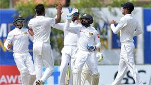 Sri Lanka players celebrate after dismissing South Africa for 126 during the second day of the opening Test at the Galle International Cricket Stadium on Friday.(AFP)