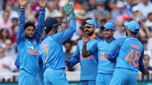 India's Kuldeep Yadav celebrates after taking the wicket of England's Ben Stokes during the first ODI in Nottingham on Thursday.(REUTERS) India's Kuldeep Yadav celebrates after taking the wicket of England's Ben Stokes during the first ODI in Nottingham on Thursday.(REUTERS)