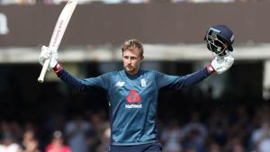 Joe Root celebrates after reaching his century during the ODI between England and India at Lord's. Get full cricket score of India vs England 2nd ODI at Lord’s here(REUTERS) Joe Root celebrates after reaching his century during the ODI between England and India at Lord's. Get full cricket score of India vs England 2nd ODI at Lord’s here(REUTERS)