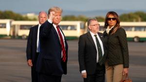 US president Donald Trump pumps his fist as he and first lady Melania Trump arrive in Glasgow, Scotland on July 13, 2018.(Reuters) US president Donald Trump pumps his fist as he and first lady Melania Trump arrive in Glasgow, Scotland on July 13, 2018.(Reuters)