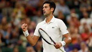 Novak Djokovic celebrates after winning a point during his Wimbledon semi-final against Rafael Nadal.(REUTERS) Novak Djokovic celebrates after winning a point during his Wimbledon semi-final against Rafael Nadal.(REUTERS)