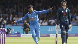 India's Kuldeep Yadav celebrates taking the wicket of England's Jonny Bairstow, not pictured, during the 2nd ODI at Lord's cricket ground in London.(AP) India's Kuldeep Yadav celebrates taking the wicket of England's Jonny Bairstow, not pictured, during the 2nd ODI at Lord's cricket ground in London.(AP)