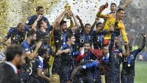 France players celebrate after winning the FIFA World Cup final 4-2 against Croatia at the Luzhniki Stadium in Moscow on Sunday.(AP) France players celebrate after winning the FIFA World Cup final 4-2 against Croatia at the Luzhniki Stadium in Moscow on Sunday.(AP)