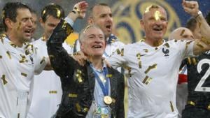 France coach Didier Deschamps celebrates with France staff after winning the World Cup 2018 title on Sunday.(REUTERS) France coach Didier Deschamps celebrates with France staff after winning the World Cup 2018 title on Sunday.(REUTERS)