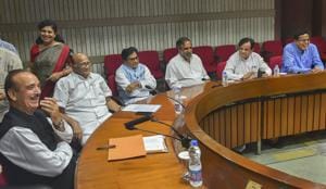 Opposition party leaders during a meeting in the Parliament Library, ahead of the Monsoon Session which begins on July 18, in New Delhi on July 16.(PTI Photo) Opposition party leaders during a meeting in the Parliament Library, ahead of the Monsoon Session which begins on July 18, in New Delhi on July 16.(PTI Photo)
