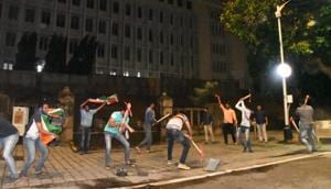 MNS workers dug up the pavement outside Mantralaya around 3am on Tuesday.(Photo: MNS) MNS workers dug up the pavement outside Mantralaya around 3am on Tuesday.(Photo: MNS)