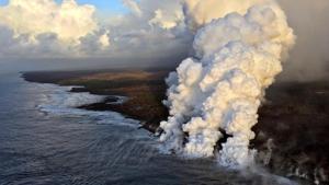 Laze plumes rising where lava pours into the sea on the south margin of the fissure 8 flow of the Kilauea volcano in Hawaii.(AFP Photo) Laze plumes rising where lava pours into the sea on the south margin of the fissure 8 flow of the Kilauea volcano in Hawaii.(AFP Photo)