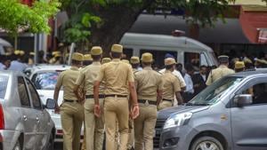 Police personnel outside Mahila court as the 17 people accused in connection with the alleged sexual assault of a 11-year-old girl were produced at Madras high court, in Chennai on July 17.(PTI Photo) Police personnel outside Mahila court as the 17 people accused in connection with the alleged sexual assault of a 11-year-old girl were produced at Madras high court, in Chennai on July 17.(PTI Photo)