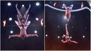 The trapeze duo was eager to perform the dangerous stunt again. The trapeze duo was eager to perform the dangerous stunt again.