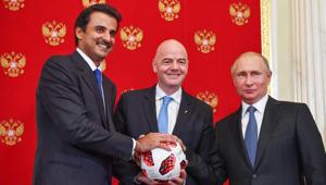 (From L) Emir of Qatar Sheikh Tamim bin Hamad Al-Thani, FIFA President Gianni Infantino and Russian President Vladimir Putin pose for a photography during a symbolic transfer of the authority to Qatar to host the World Cup 2022 at the Kremlin in Moscow on July 15, 2018.(AFP) (From L) Emir of Qatar Sheikh Tamim bin Hamad Al-Thani, FIFA President Gianni Infantino and Russian President Vladimir Putin pose for a photography during a symbolic transfer of the authority to Qatar to host the World Cup 2022 at the Kremlin in Moscow on July 15, 2018.(AFP)
