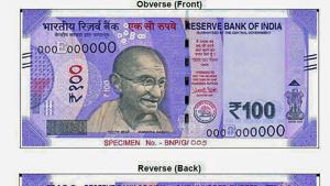 Specimen notes of new 100 rupee notes to be issued soon by the Reserve Bank of India (RBI).(PTI Photo) Specimen notes of new 100 rupee notes to be issued soon by the Reserve Bank of India (RBI).(PTI Photo)