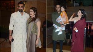 Zaheer Khan with wife Sagarika Ghatge and Mahendra Singh Dhoni with daughter Ziva and wife Sakshi.(Viral Bhayani) Zaheer Khan with wife Sagarika Ghatge and Mahendra Singh Dhoni with daughter Ziva and wife Sakshi.(Viral Bhayani)