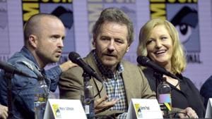 Aaron Paul, from left, Bryan Cranston and Anna Gunn attend the Breaking Bad 10th Anniversary panel on day one of Comic-Con International.(Richard Shotwell/Invision/AP)