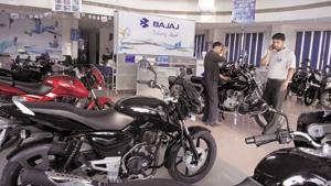 Bikes dispalyed at a TCS Bajaj Auto showroom.(Rajkumar/HT Photo) Bikes dispalyed at a TCS Bajaj Auto showroom.(Rajkumar/HT Photo)