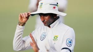 South Africa's Keshav Maharaj waves at fans after taking eight wickets on the first day.(REUTERS) South Africa's Keshav Maharaj waves at fans after taking eight wickets on the first day.(REUTERS)