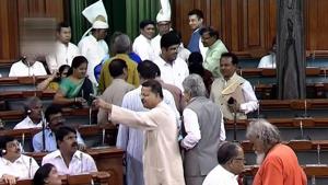 Biju Janata Dal (BJD) members walk out of the Lok Sabha during a debate on 'no-confidence motion' in the Monsoon Session of Parliament, in New Delhi on July 20.(PTI Photo) Biju Janata Dal (BJD) members walk out of the Lok Sabha during a debate on 'no-confidence motion' in the Monsoon Session of Parliament, in New Delhi on July 20.(PTI Photo)