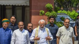Prime Minister Narendra Modi arrives to address mediapersons ahead of the monsoon session of Parliament in New Delhi on Wednesday.(PTI Photo) Prime Minister Narendra Modi arrives to address mediapersons ahead of the monsoon session of Parliament in New Delhi on Wednesday.(PTI Photo)