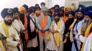 Representatives of nihang organisations and leaders of Guru Granth Sahib Satkar Committee on Saturday.(HT Photo) Representatives of nihang organisations and leaders of Guru Granth Sahib Satkar Committee on Saturday.(HT Photo)