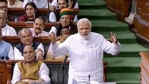 Prime Minister Narendra Modi speaks in the Lok Sabha on no-confidence motion during the Monsoon Session of Parliament, in New Delhi on Friday.(PTI photo) Prime Minister Narendra Modi speaks in the Lok Sabha on no-confidence motion during the Monsoon Session of Parliament, in New Delhi on Friday.(PTI photo)