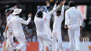 Sri Lanka's Akila Dananjaya (C) celebrates with his teammates after taking the wicket of South Africa's Keshav Maharaj (not pictured).(REUTERS) Sri Lanka's Akila Dananjaya (C) celebrates with his teammates after taking the wicket of South Africa's Keshav Maharaj (not pictured).(REUTERS)