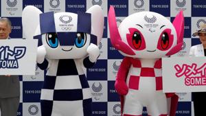 Yoshiro Mori, president of the Tokyo 2020 Organising Committee, and Tokyo Governor Yuriko Koike introudce the Tokyo 2020 Olympic Games mascot Miraitowa and Paralympic mascot Someity.(REUTERS) Yoshiro Mori, president of the Tokyo 2020 Organising Committee, and Tokyo Governor Yuriko Koike introudce the Tokyo 2020 Olympic Games mascot Miraitowa and Paralympic mascot Someity.(REUTERS)