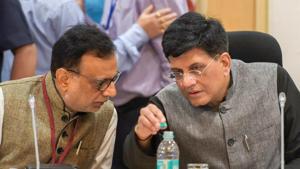 Finance Minister Piyush Goyal and Finance Secretary Hasmukh Adhia during the 28th Meeting of the Goods and Services Tax Council (GST) at Vigyan Bhawan, in New Delhi on Saturday.(PTI Photo) Finance Minister Piyush Goyal and Finance Secretary Hasmukh Adhia during the 28th Meeting of the Goods and Services Tax Council (GST) at Vigyan Bhawan, in New Delhi on Saturday.(PTI Photo)
