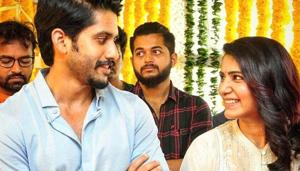 Naga Chaitanya and Samantha Akkineni cannot stop smiling at each other during the pooja ceremony of their upcoming film. Naga Chaitanya and Samantha Akkineni cannot stop smiling at each other during the pooja ceremony of their upcoming film.