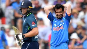 India's Yuzvendra Chahal (R) reacts during the ODI series against England.(AFP) India's Yuzvendra Chahal (R) reacts during the ODI series against England.(AFP)