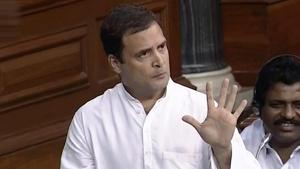 Congress President Rahul Gandhi during a debate on 'no-confidence motion' in Lok Sabha during the Monsoon session of Parliament, in New Delhi on Friday, July 20, 2018.(PTI) Congress President Rahul Gandhi during a debate on 'no-confidence motion' in Lok Sabha during the Monsoon session of Parliament, in New Delhi on Friday, July 20, 2018.(PTI)