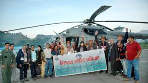 Kailash Mansarovar pilgrims at Naini Saini in Pithoragarh.(HT Photo) Kailash Mansarovar pilgrims at Naini Saini in Pithoragarh.(HT Photo)