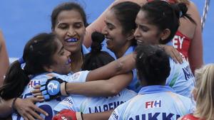 Neha Goyal, left, celebrates with her teammates after scoring a goal during the group stage match between England and India in the Women's Hockey World Cup.(AP) Neha Goyal, left, celebrates with her teammates after scoring a goal during the group stage match between England and India in the Women's Hockey World Cup.(AP)