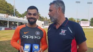 The BCCI shared the picture of Virat Kohli being presented with the prizes on its official Twitter account on Wednesday.(Twitter: @BCCI) The BCCI shared the picture of Virat Kohli being presented with the prizes on its official Twitter account on Wednesday.(Twitter: @BCCI)