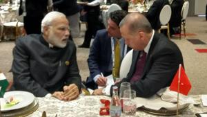 Prime Minister Narendra Modi on Friday met Turkish President Recep Tayyip Erdogan on the sidelines of the BRICS Summit in Johannesburg and congratulated him on his re-election.(Twitter/@MEAIndia) Prime Minister Narendra Modi on Friday met Turkish President Recep Tayyip Erdogan on the sidelines of the BRICS Summit in Johannesburg and congratulated him on his re-election.(Twitter/@MEAIndia)