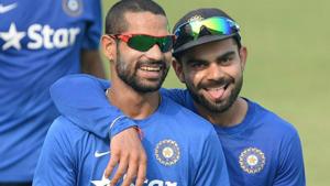 Virat Kohli (R) and Shikhar Dhawan entered the ground in style during India’s warm-up match against Essex.(BCCI)