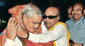 M Karunanidhi felicitates Atal Bihari Vajpayee at Parliament House, 1999.(HT Archive) M Karunanidhi felicitates Atal Bihari Vajpayee at Parliament House, 1999.(HT Archive)