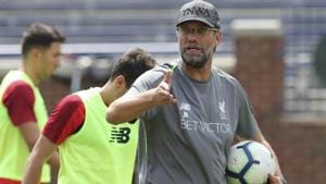 Liverpool manager Jurgen Klopp instructs his team during a training session.(AP) Liverpool manager Jurgen Klopp instructs his team during a training session.(AP)