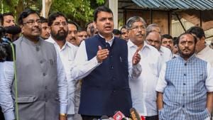Maharashtra Chief Minister Devendra Fadnavis along with party leaders interact with the media after an all-party meeting to discuss the Maratha reservation issue, in Mumbai on Saturday, July 28, 2018.(PTI Photo) Maharashtra Chief Minister Devendra Fadnavis along with party leaders interact with the media after an all-party meeting to discuss the Maratha reservation issue, in Mumbai on Saturday, July 28, 2018.(PTI Photo)