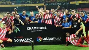 Girona FC players celebrate after they beat Kerala Blasters during the La Liga World football tournament, in Kochi on Saturday.(PTI) Girona FC players celebrate after they beat Kerala Blasters during the La Liga World football tournament, in Kochi on Saturday.(PTI)